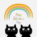 Happy Valentines Day. Love card. Rainbow and pink heart rain with two cute cartoon cats. Flat design style. Royalty Free Stock Photo