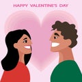 Happy Valentines Day love card. Smiling girl and guy in flat style. Pink background with heart shape. Lovers. Love theme Royalty Free Stock Photo