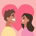 Happy Valentines Day love card. Smiling girl and guy in flat style. Pink background with heart shape. Lovers. Love theme Royalty Free Stock Photo