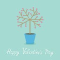 Happy Valentines Day. Love card. Tree in the pot. Heart flower. Word love Blue background. Flat design Royalty Free Stock Photo