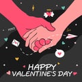 Happy Valentines Day, love, contour hands of lovers, cute stickers on a card