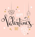 Happy valentines day love greeting card with white low poly style heart shape in golden glitter background