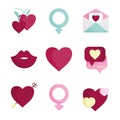 Happy valentines day, love heart romantic feeling emotion icons set