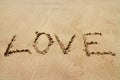 Happy Valentines day, LOVE lettering on the beach with wave and sunlight Royalty Free Stock Photo