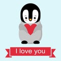 Happy Valentines day in love penguin. Penguin holding a heart. Plush toys penguin with heart. Gift. Kawaii