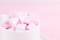 Happy Valentines day. Love theme. Pink sweet marshmallow hearts. Valentine`s day background, copy space Royalty Free Stock Photo