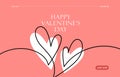 Happy valentines day, love vector background. Minimal romantic sale design with two hearts continuous one line, simple