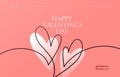 Happy valentines day, love vector background. Minimal romantic sale design with two hearts continuous one line, simple