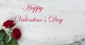 Happy Valentines Day with lovely red rose flowers on natural marble stone with text message for the holiday