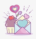 Happy valentines day, mail card and cupcake hearts love flower