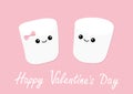 Happy Valentines Day. Marshmallows with eyes and smiles. Funny face. Cute cartoon character. Love sign symbol. Minimal flat lay de Royalty Free Stock Photo