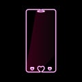 Happy Valentines Day mobile phone pink neon gadget icon, smartphone sign with hearts. Bright glowing symbol over black. Lights Royalty Free Stock Photo