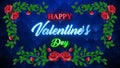Happy Valentines Day Neon Glowing Light With Growing Rose Vine Flourish And Blue Shines Artistic Flower Blooming Texture Lines