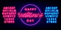 Happy Valentines Day neon text. Greeting card with alphabet. Outer glowing effect flyer. Isolated vector illustration