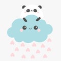 Happy Valentines Day. Panda bear face holding cloud in the sky. Rain heart drop. Cute cartoon kawaii funny smiling baby character