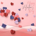 Happy valentines day paper cut style with colorful heart shape in pink background