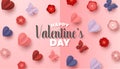 Happy valentines day paper cut style with colorful heart shape in pink background