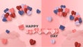 Happy valentines day paper cut style with colorful heart shape in pink background