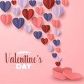 Happy valentines day paper cut style with colorful heart shape in pink background