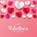 Happy valentines day paper cut style with colorful heart shape in pink background