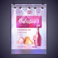 Happy Valentines Day party poster with 3D chromic love hearts, champagne bottle and glass. Disco ball background. Royalty Free Stock Photo