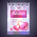 Happy Valentines Day party poster with 3D chromic love hearts. Disco ball background.