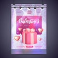 Happy Valentines Day party poster with 3D chromic love hearts and gift box. Disco ball background.