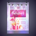 Happy Valentines Day party poster with 3D chromic love hearts and gift box. Disco ball background.