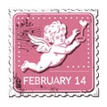 Happy Valentines Day Postage Stamp. Pink Cupid Royalty Free Stock Photo