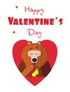 Happy valentines day postcard of cute bear eating honey in red heart Royalty Free Stock Photo