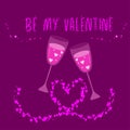 Happy Valentines Day postcard with two glasses with pink drind and shiny hearts.