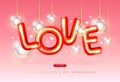 Happy Valentines Day poster with 3D chromic letters and electirc lamps. Holiday greeting card. Royalty Free Stock Photo