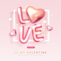 Happy Valentines Day poster with 3D chromic letters and pink love hearts. Holiday greeting card. Royalty Free Stock Photo