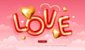 Happy Valentines Day poster with 3D letters and gold love hearts in the sky. Holiday greeting card. Royalty Free Stock Photo