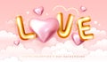 Happy Valentines Day poster with 3D letters and pink love hearts in the sky. Holiday greeting card. Royalty Free Stock Photo