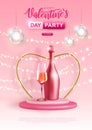 Happy Valentines Day poster with 3D love heart and champagne bottle with glass. Royalty Free Stock Photo