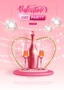 Happy Valentines Day poster with 3D love heart and champagne bottle with glasses. Royalty Free Stock Photo