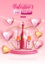 Happy Valentines Day poster with 3D love hearts and champagne bottle with glasses. Royalty Free Stock Photo