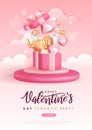 Happy Valentines Day poster with 3D love hearts and gift box. Valentine holiday background. Royalty Free Stock Photo