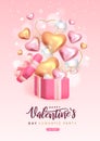 Happy Valentines Day poster with 3D pink and gold love hearts and gift box. Valentine holiday background. Royalty Free Stock Photo