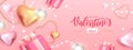 Happy Valentines Day poster with 3D pink and gold love hearts and gift box. Valentine holiday background. Royalty Free Stock Photo