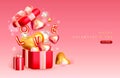 Happy Valentines Day poster with 3D pink and gold love hearts and gift box. Valentine holiday background. Royalty Free Stock Photo