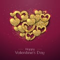 Happy Valentines day poster. Golden sparkle love heart