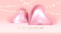 Happy Valentines Day poster with pink hearts and electric lamps.