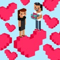 Happy Valentines Day poster in pixel art style. Love message. Pixel pink hearts and pixelated couple