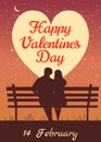 Happy Valentines Day poster, retro. Silhouette loving couple on the bench at night
