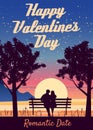 Happy Valentines Day poster, retro. Silhouette loving couple on the bench at night sea resort Royalty Free Stock Photo