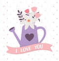 Happy valentines day purple watering can with flowers i love you ribbon decoration