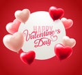 Happy Valentines Day red background design with realistic heart shaped balloons and white frame. Greeting card Royalty Free Stock Photo