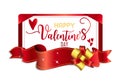 Happy Valentines Day Red and gold ribbon love card